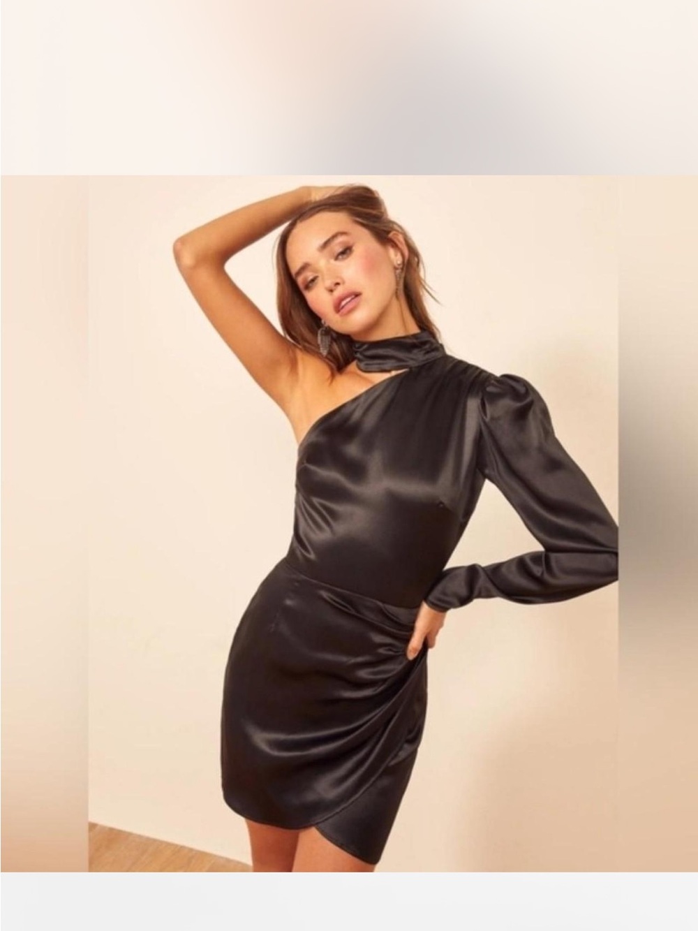 Reformation Black One-Shoulder Long-Sleeve Wrap Dress